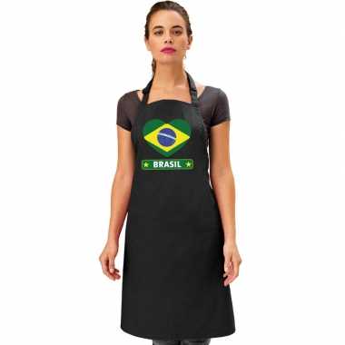 Braziliaanse brazilie hart vlag barbecueschort/ keukenschort zwart