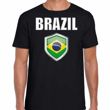Brazilie landen supporter t-shirt met braziliaanse vlag schild zwart heren
