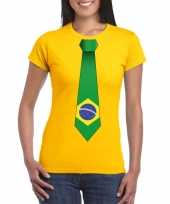 Braziliaanse geel t shirt met brazilie vlag stropdas dames