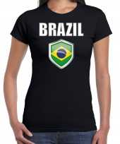 Brazilie landen supporter t-shirt met braziliaanse vlag schild zwart dames
