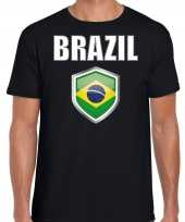 Brazilie landen supporter t shirt met braziliaanse vlag schild zwart heren